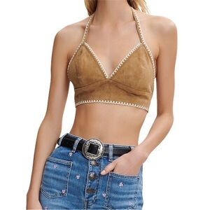 MAJE Wo Licot Leather Bralette Top - Camel size 3/M